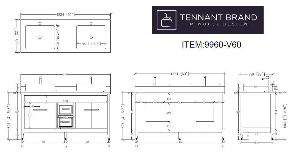 60" Tennant Brand White Beatrice Double Sink Vanity