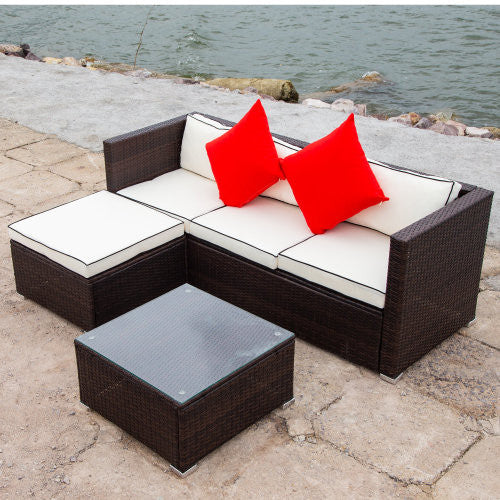 3 Piece Pation Wicket Set Outdoor Furniture Rattan Sofa Set With Cream Finish