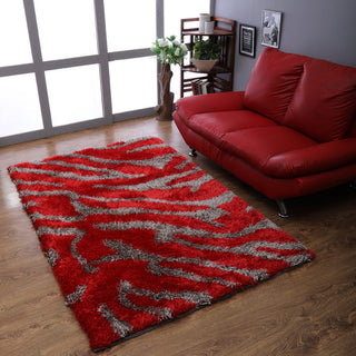 HAND TUFTED SHAG POLYESTER ECO-FRIENDLY AREA RUG,Red&Beige Color,Abstract Design