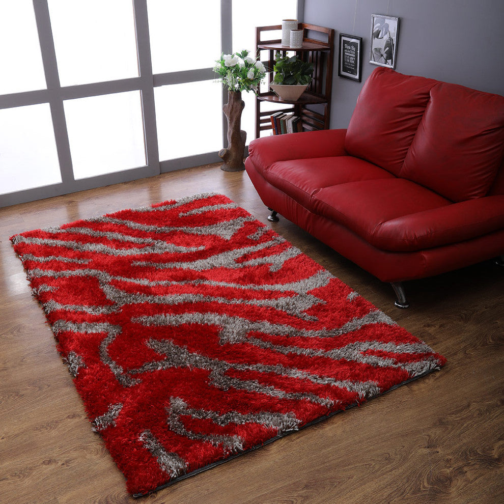 HAND TUFTED SHAG POLYESTER ECO-FRIENDLY AREA RUG,Red&Beige Color,Abstract Design