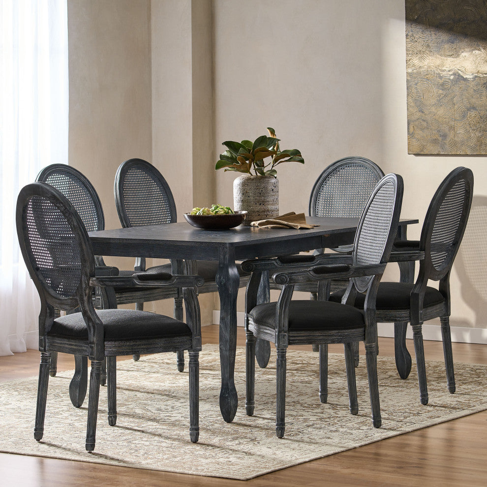 Comisky Fabric Upholstered Wood and Cane Expandable 7-Piece Dining Set, Gray/Black