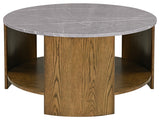 INK+IVY Keegan Round Mixed Material Coffee Table With Shelf, Oak/Marble