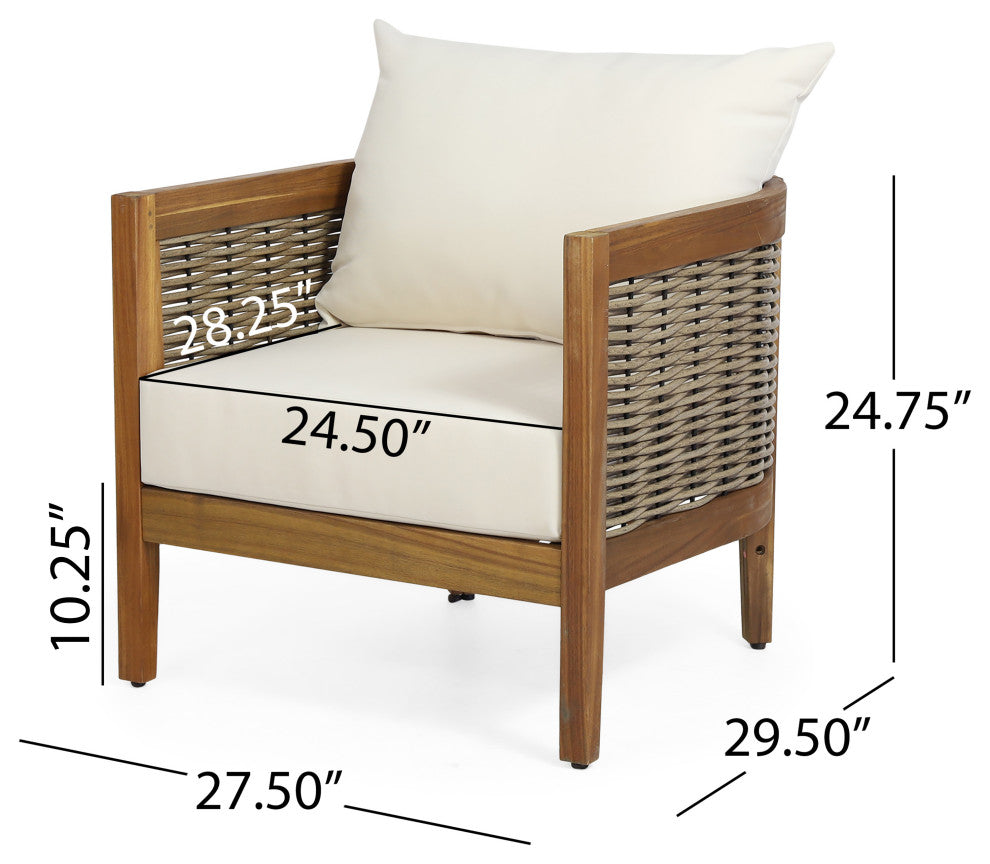 Alden Outdoor Acacia Wood Club Chairs With Cushions, Set of 2, Teak + Beige