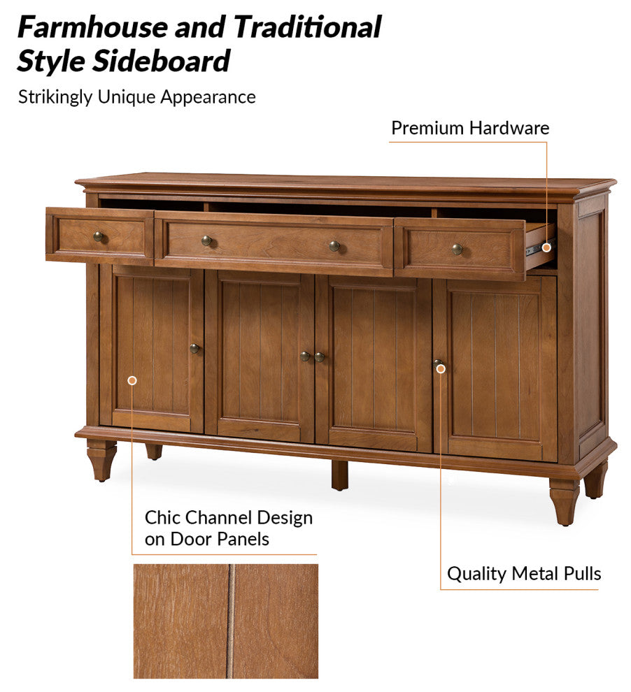 Traditional Sideboard With Storage With 3 Drawers, Acorn