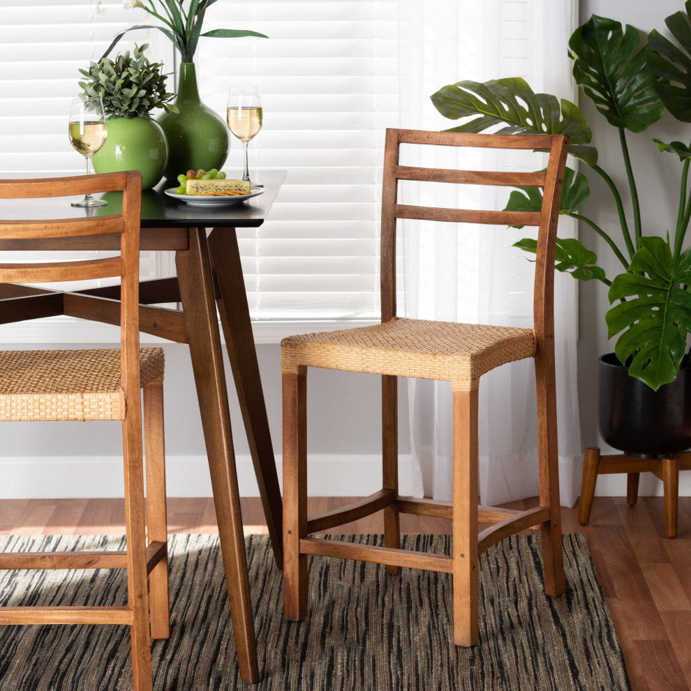 Griffith Counter Stool, Walnut Finished Wood/Natural Rattan