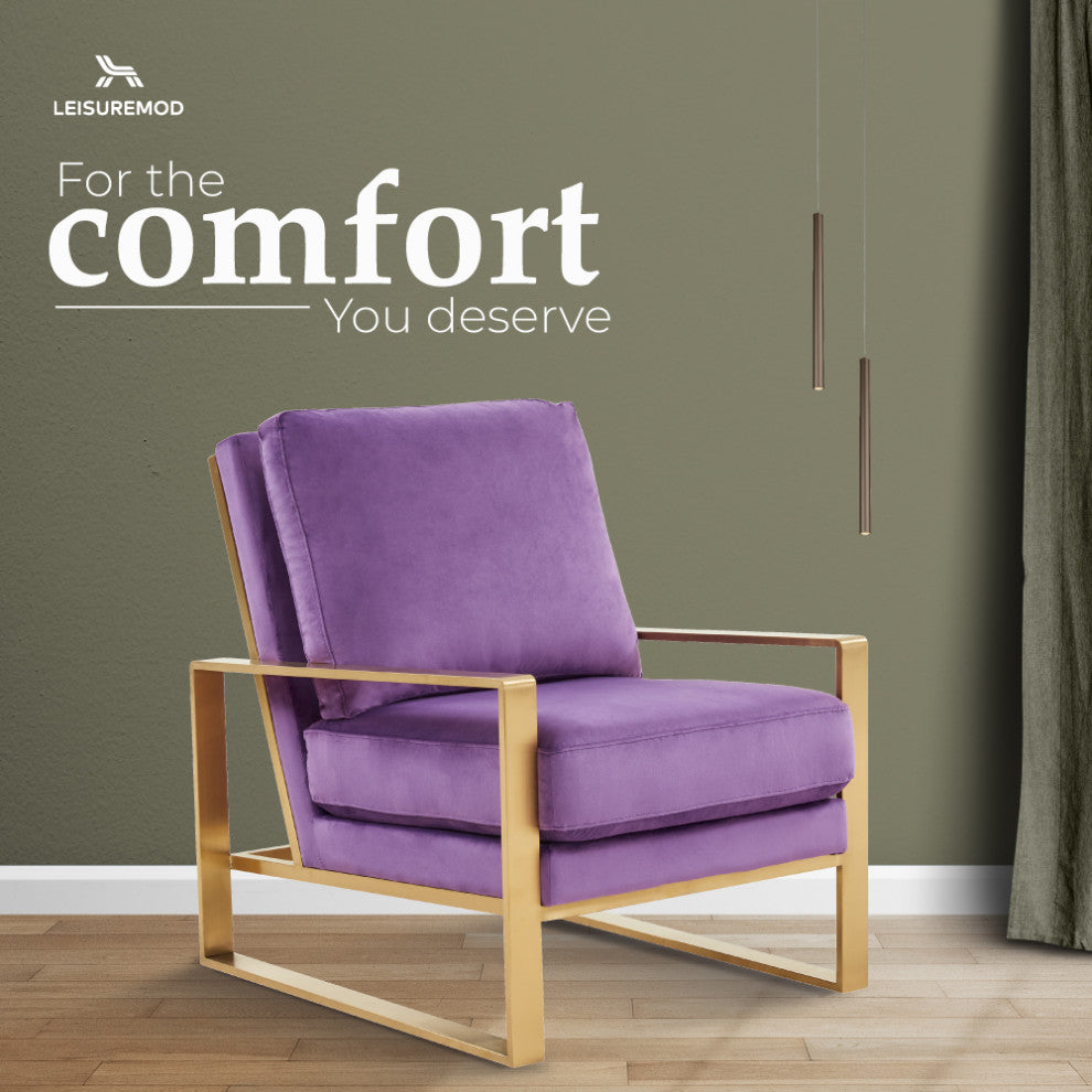 LeisureMod Jefferson Velvet Accent Armchair With Gold Frame, Purple