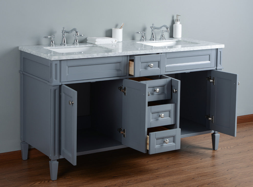 Stufurhome Anastasia French Bathroom Vanity, Gray, 60" Double Sink