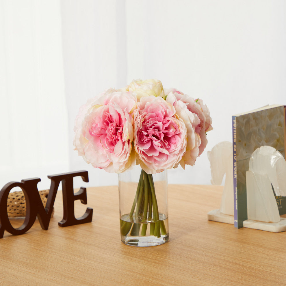 11" Peony Bouquet Artificial Arrangement, Glass Vase