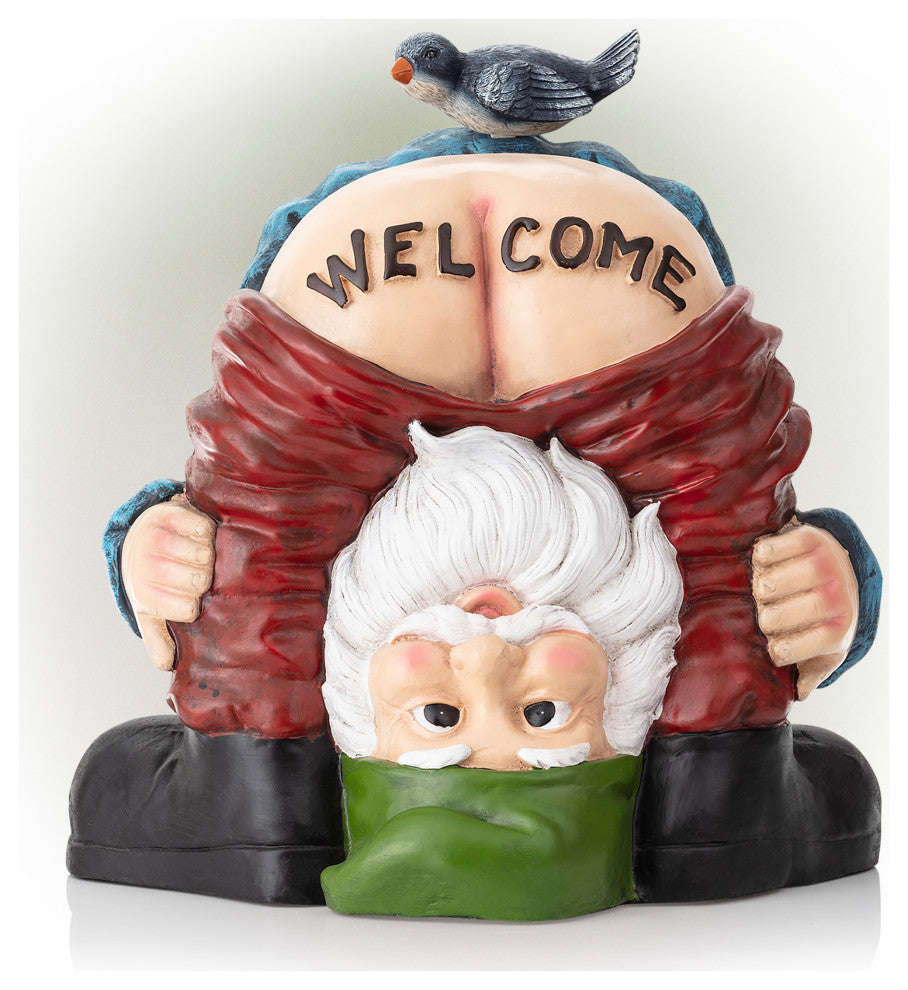 22" Tall Mooning "Welcome" Outdoor Garden Gnome with Bird Yard Statue Decoration