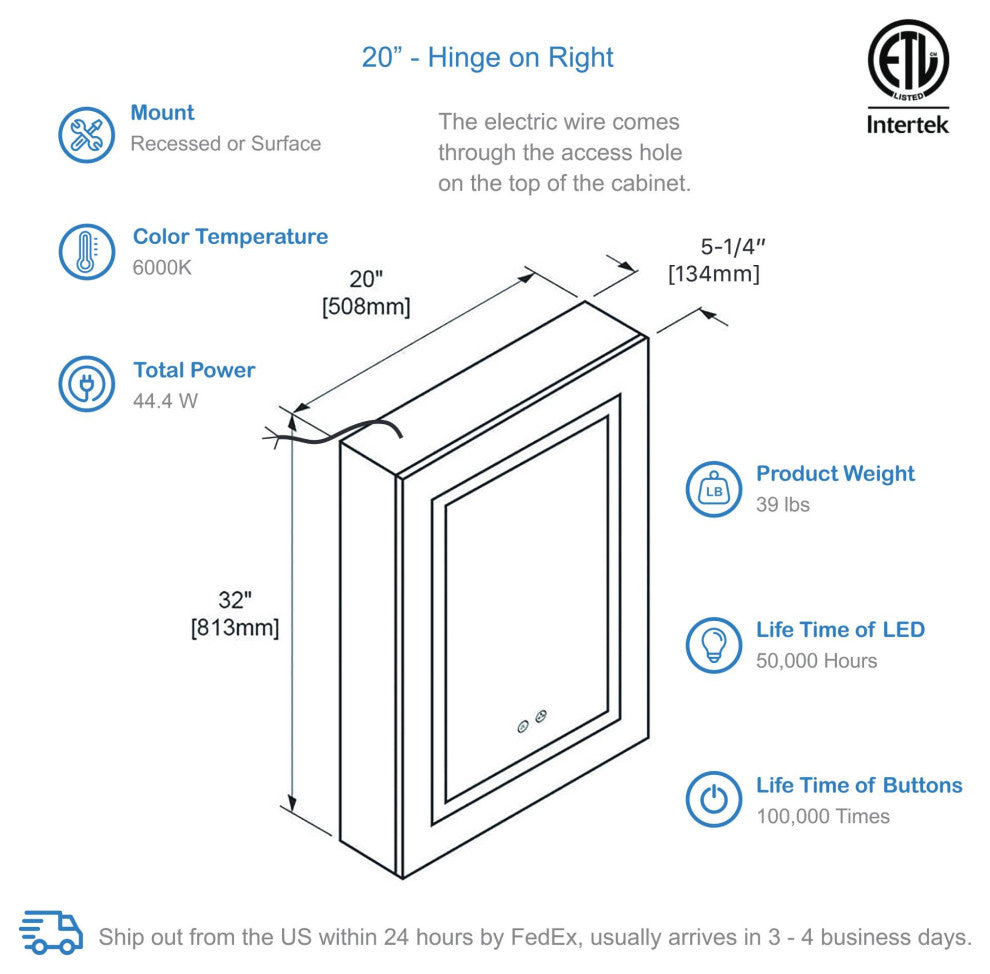 LED Medicine Cabinet With Defogger, 20/R