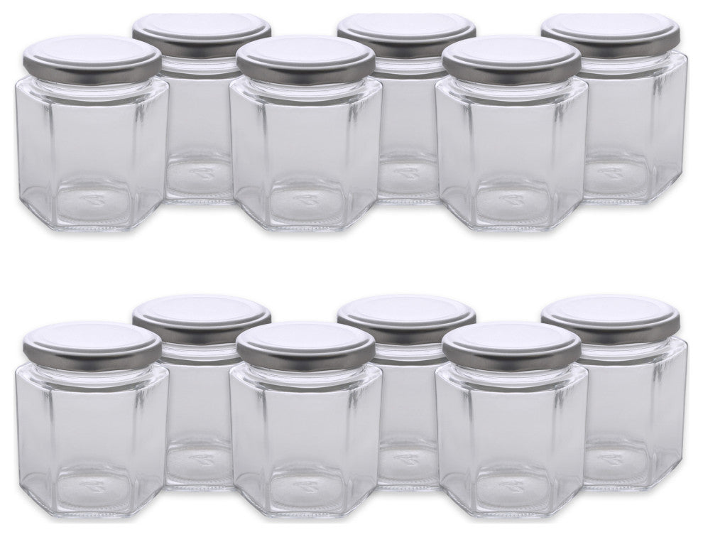 Hexagon Jars With Silver Lids, Set Of 12
