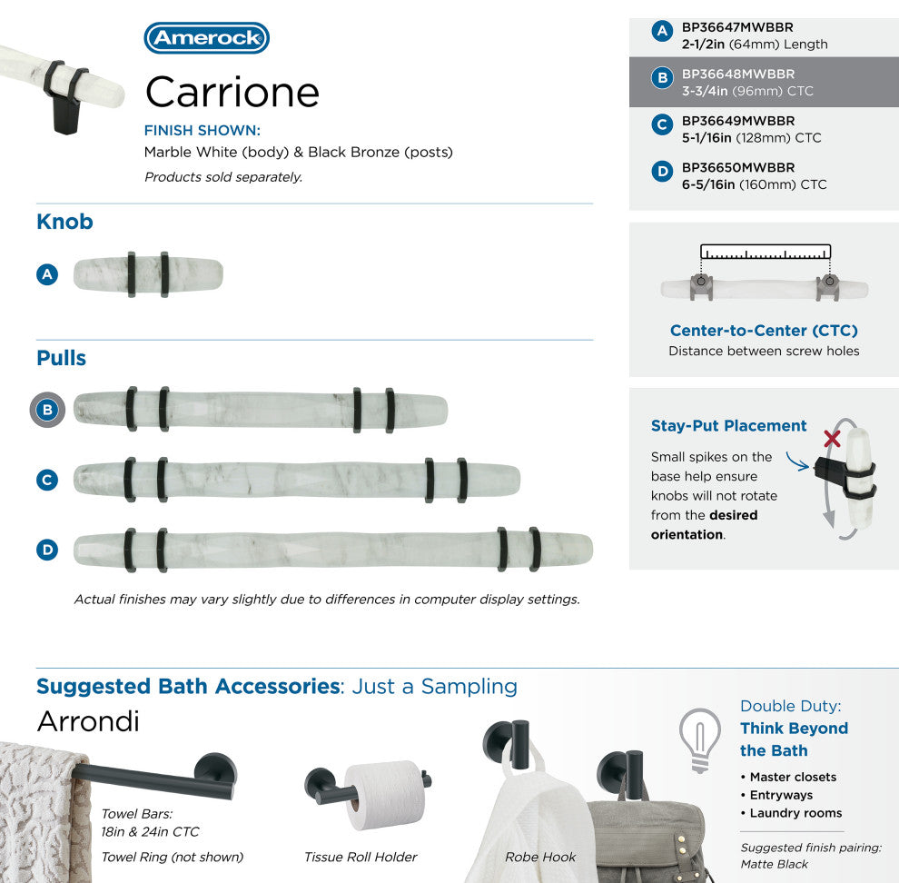 Carrione Cabinet Pull, Marble White/Black Bronze, 3-3/4" Center-to-Center