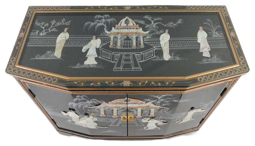 Oriental Slant Front Cabinet With Mother of Pearl, Hand Painted Black With Mother of Pearl