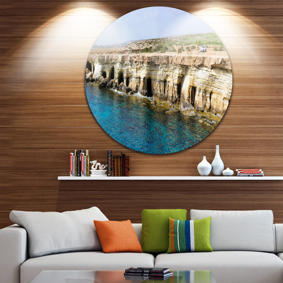 Sea Caves Near Cape Greko Panorama, Seascape Disc Metal Artwork, 11"