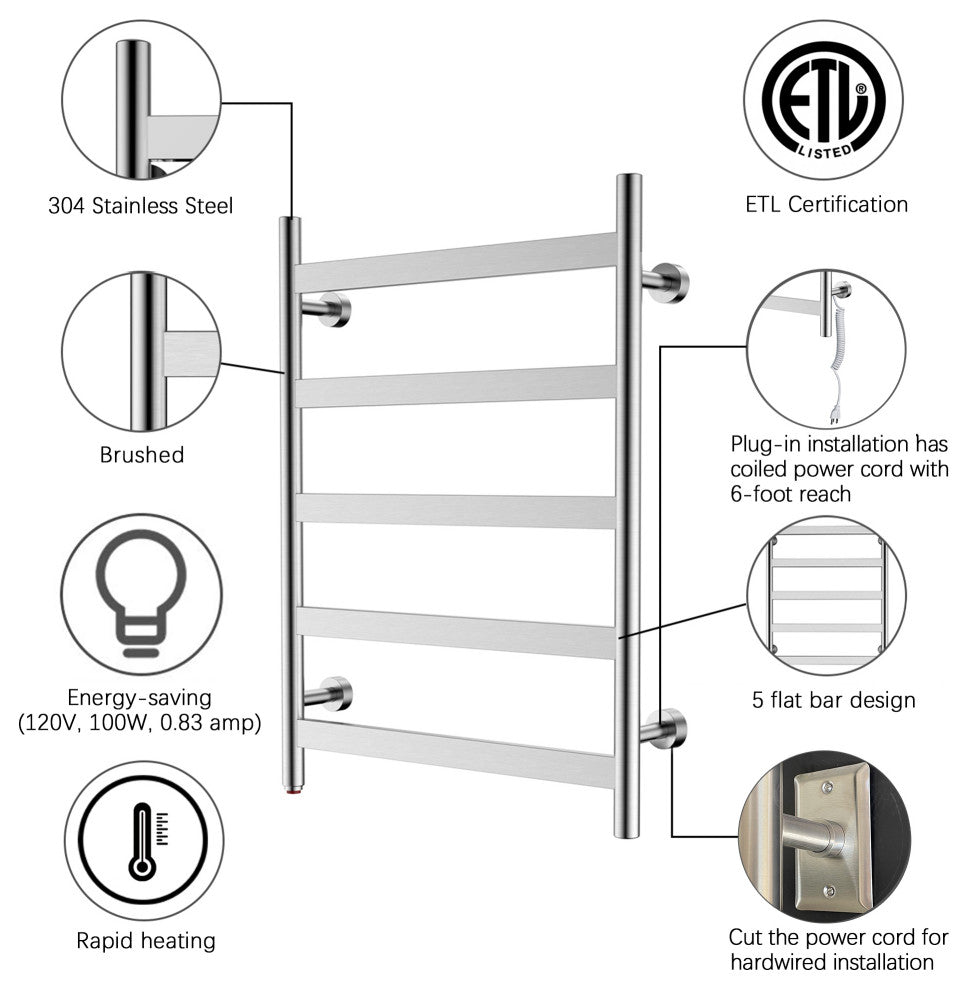HEATGENE 5 Flat Bar Wall-Mounted Hard-wiring/ Plug in Towel Warmer, Brush Polish