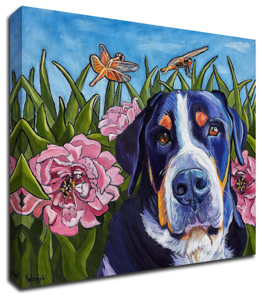 Dog and Dragonflies by Kathryn Wronski, Print on Canvas, 16" x 16"