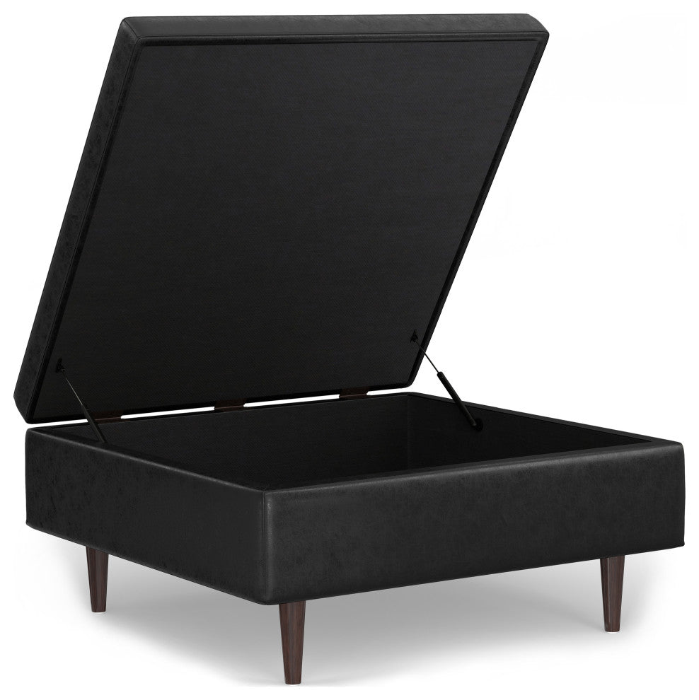 Shay Mid Century Large Square Coffee Table Storage Ottoman, Distressed Black