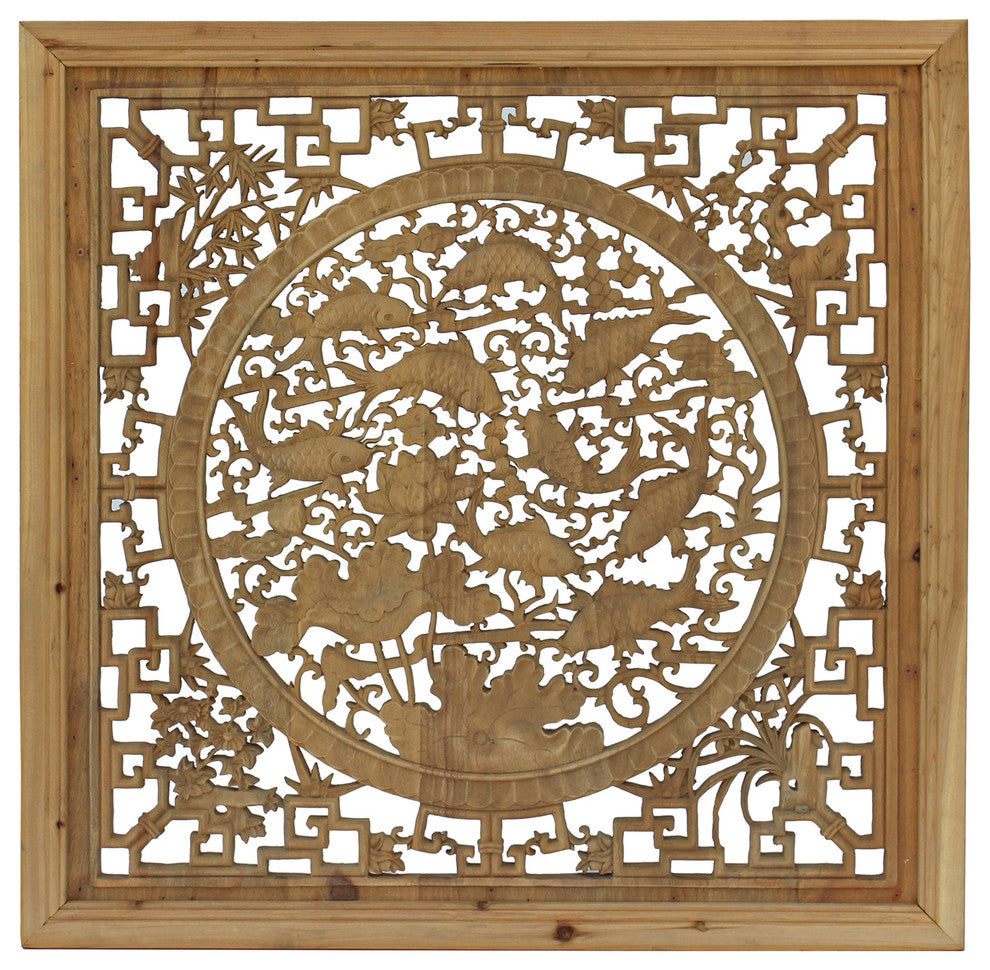 Chinese Square Flower Fishes Wooden Wall Plaque Panel Hcs4287