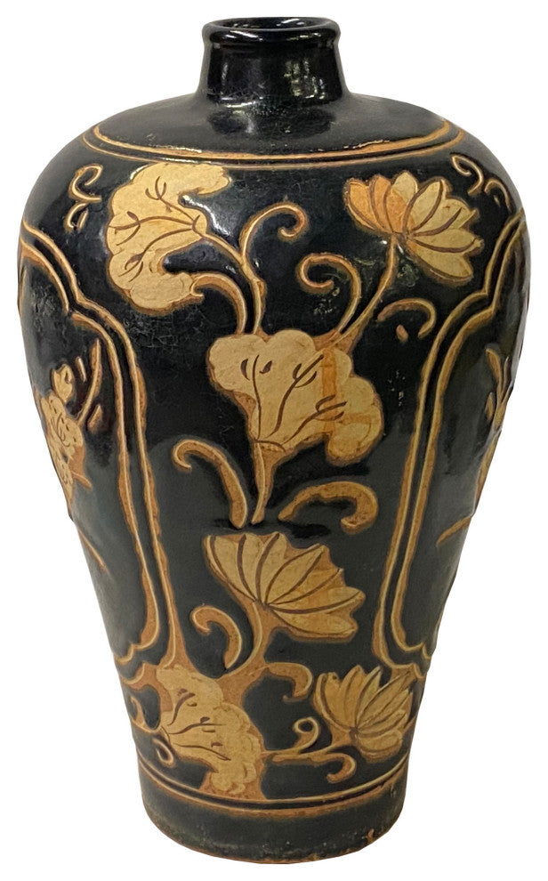 Chinese Ware Black Brown Glaze Ceramic Flower Vase Display Art Hws3027