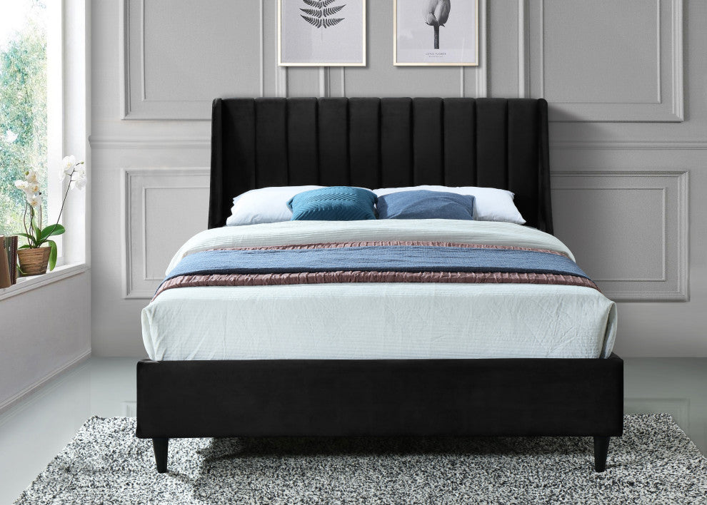 Eva Velvet Upholstered Bed, Black, Queen