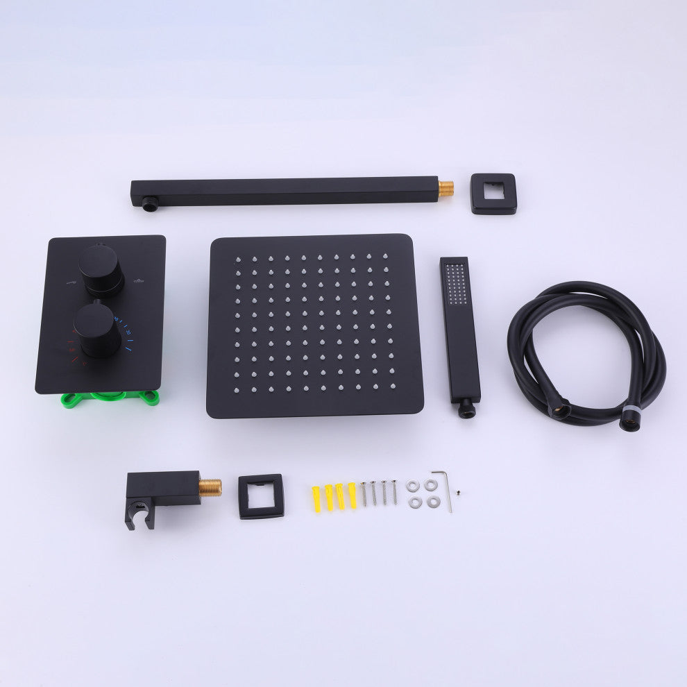 Thermostatic Rain Shower System with Hand Shower and Rough-in Valve, Matte Black