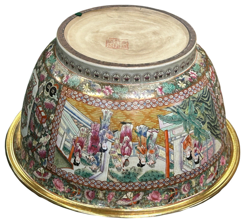 Vintage Chinese Famille Rose People House Graphic Porcelain Bowl Pot Hws4342