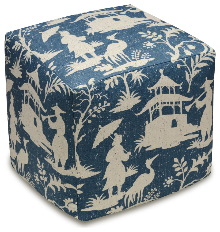 Chinoiserie Navy, Linen Upholstered Ottoman