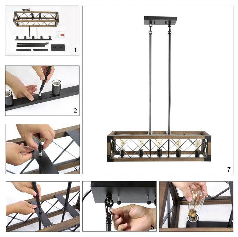 LNC 5-Light Farmhouse Rectangular Wood and Metal Kitchen Island Lighting