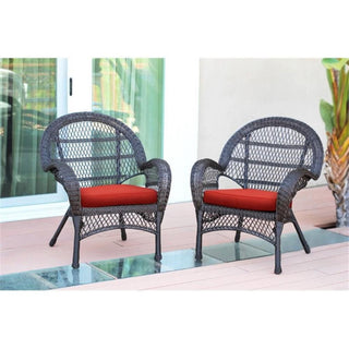 Jeco Wicker Chair in Espresso with Red Cushion (Set of 2)