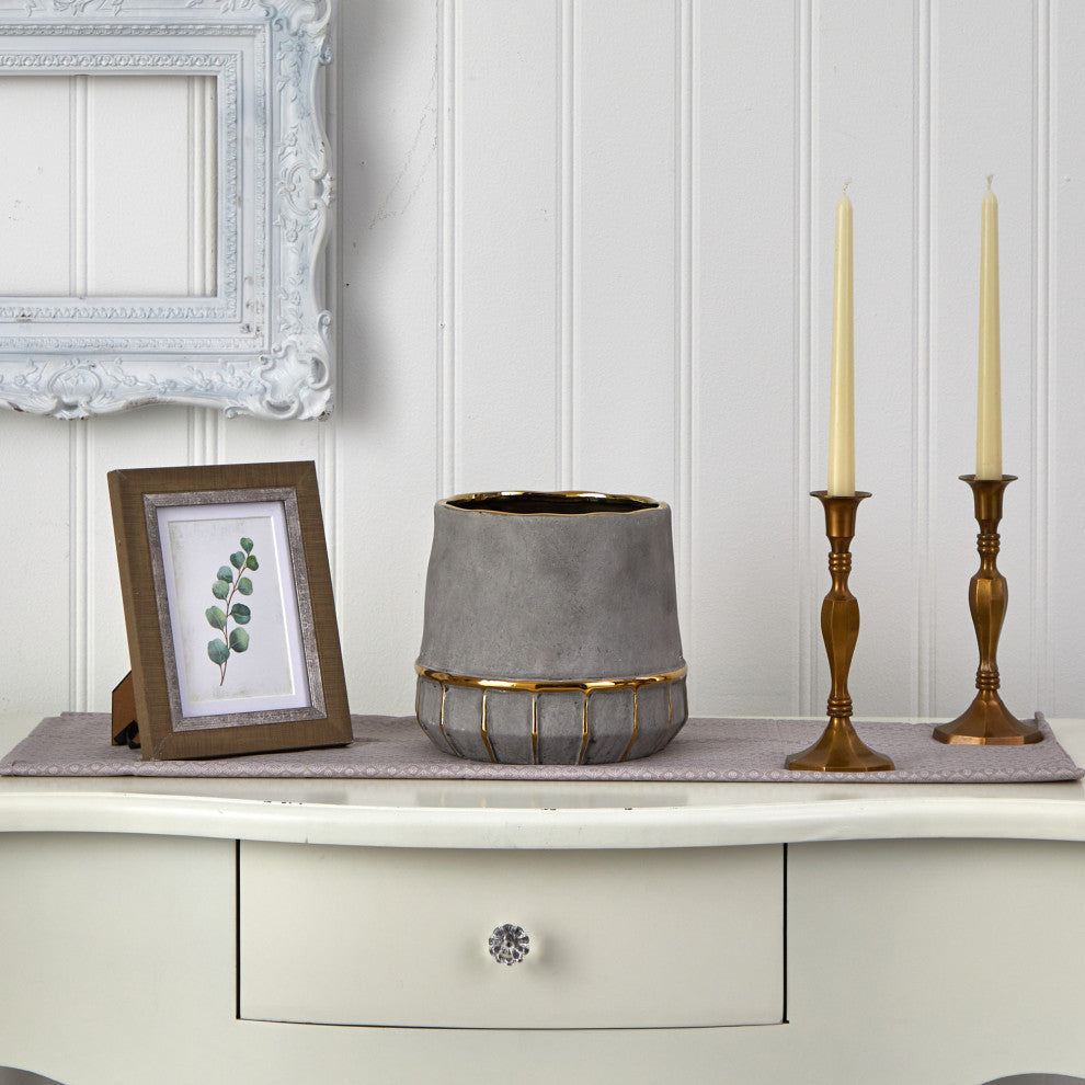 8.5" Regal Stone Decorative Planter With Gold Accents