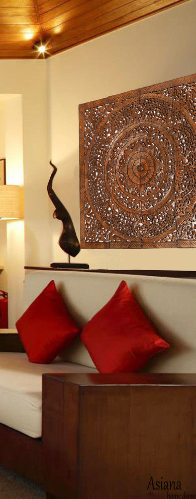 Tropical Floral Wood Carved Wall Panel. Unique Asian Home Decor, Dark Brown
