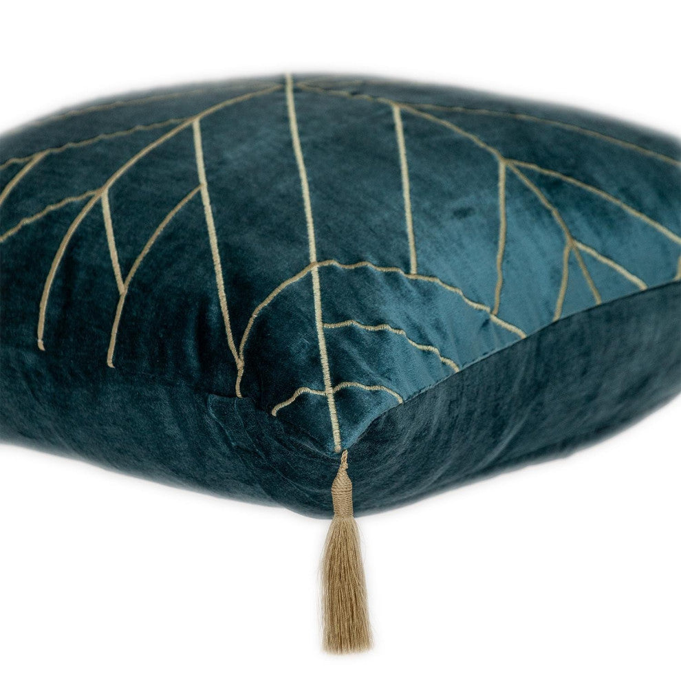 Teal and Gold Geo Velvet Throw Pillow With Gold Tassels