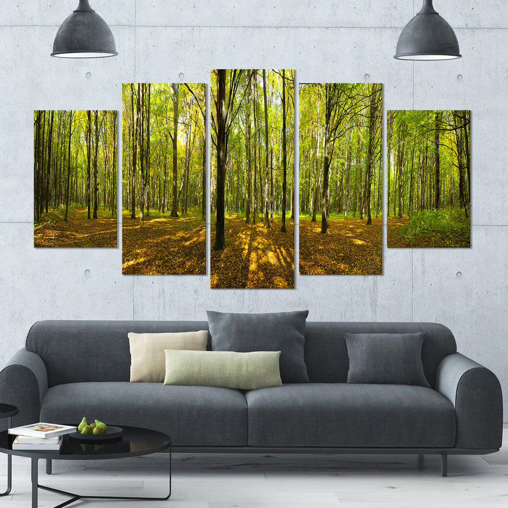 Green Autumn Forest Panorama, Landscape Canvas Art Print, 60"x32", 5 Panels