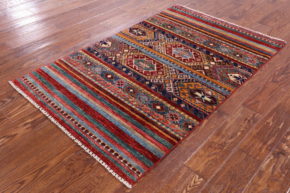 Hand-Knotted Khorjin Super Kazak Wool Rug 3' 2" X 5' 1" Q10805