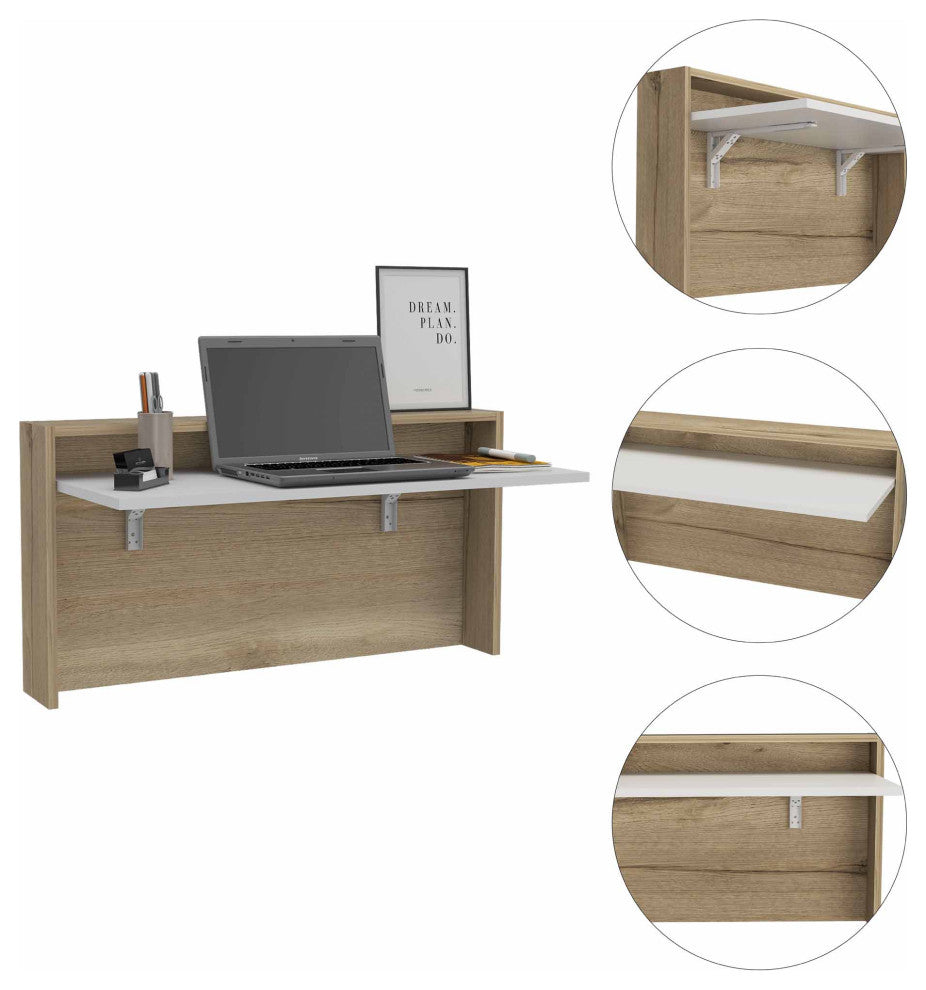 FM FURNITURE Brickell Wall Mounted Foldable Desk, Light Oak/ White