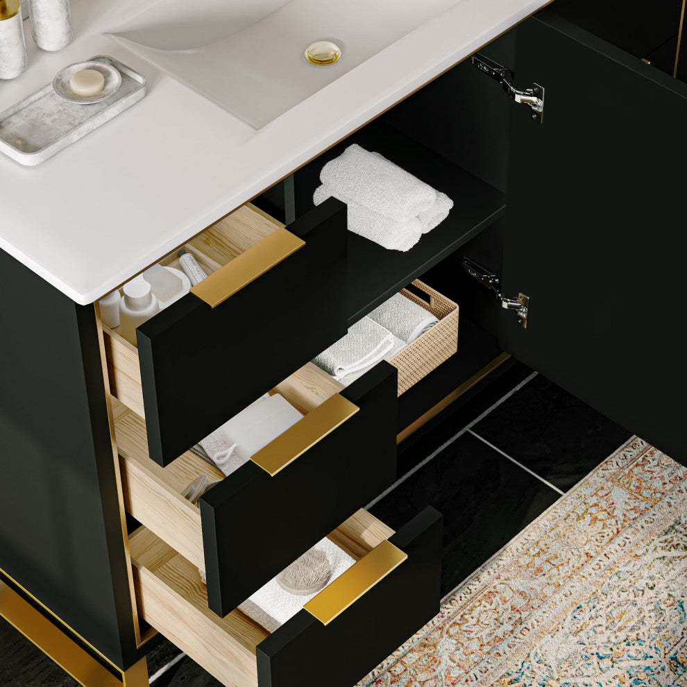 Bradford Bath Vanity, Black Matte, 48", Satin Brass Hardware, Single Sink, Freestanding
