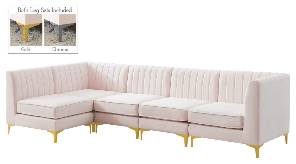 Alina Velvet Modular L-Shaped Modular Sectional, Pink, 5-Piece: 3 Armless Chair, 2 Corner Chair