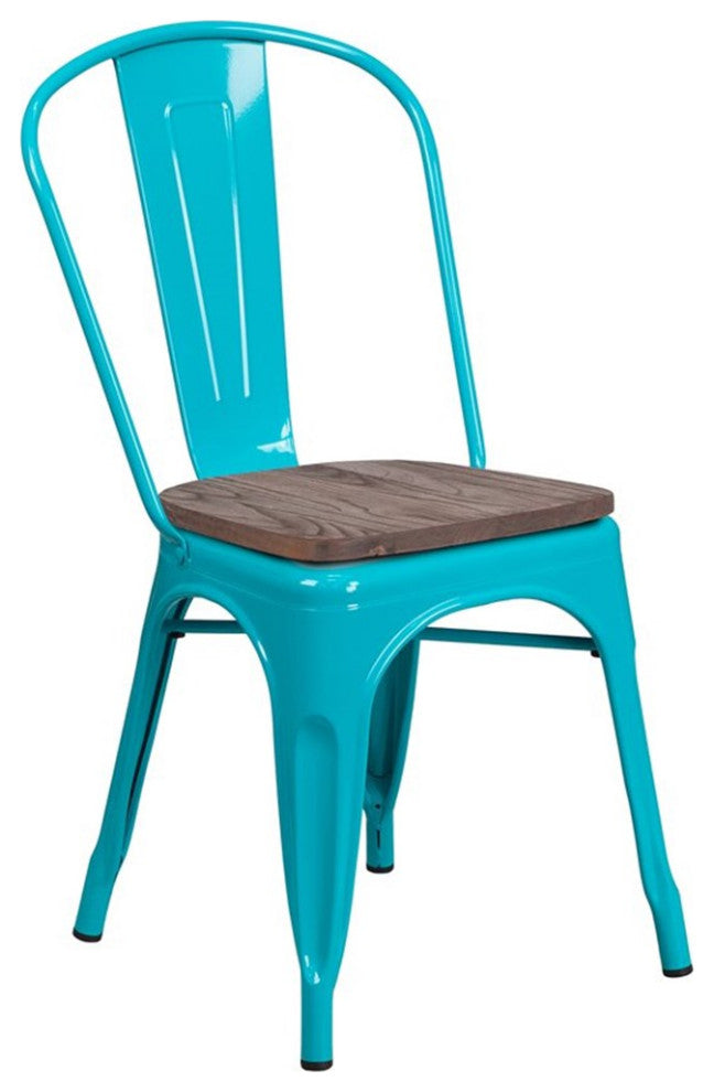 Crystal Teal-Blue Metal Stackable Chair With Wood Seat