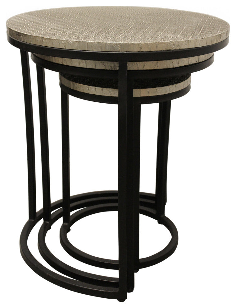 Meenal Metal Cladded Top Round Nesting Table, Silver