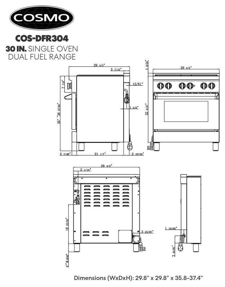 30" Dual Fuel Range With 4 Italian Gas Burners and Electric Convection Oven