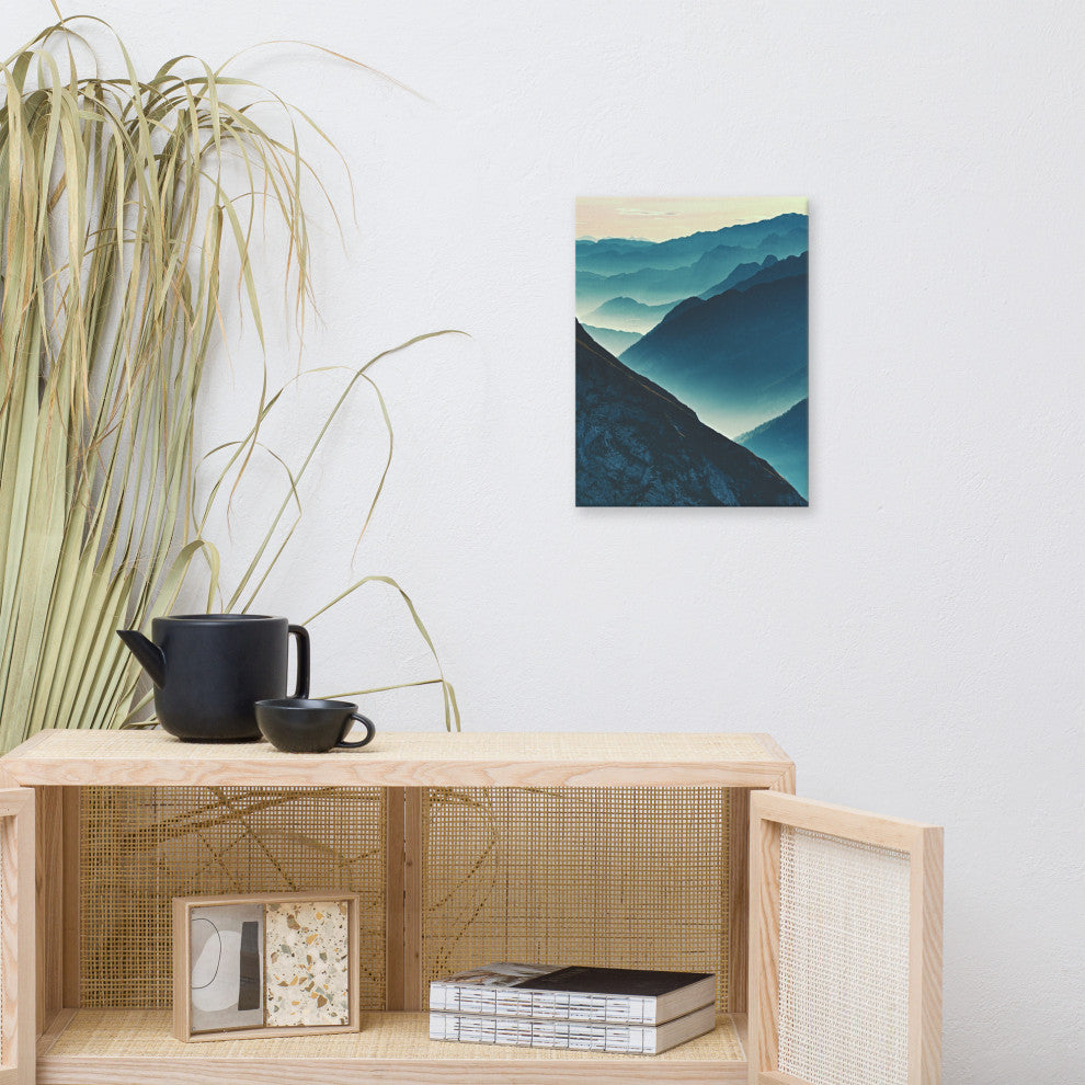 Misty Blue Silhouette Mountain Range Landscape Photo Canvas Prints, 12" X 16"