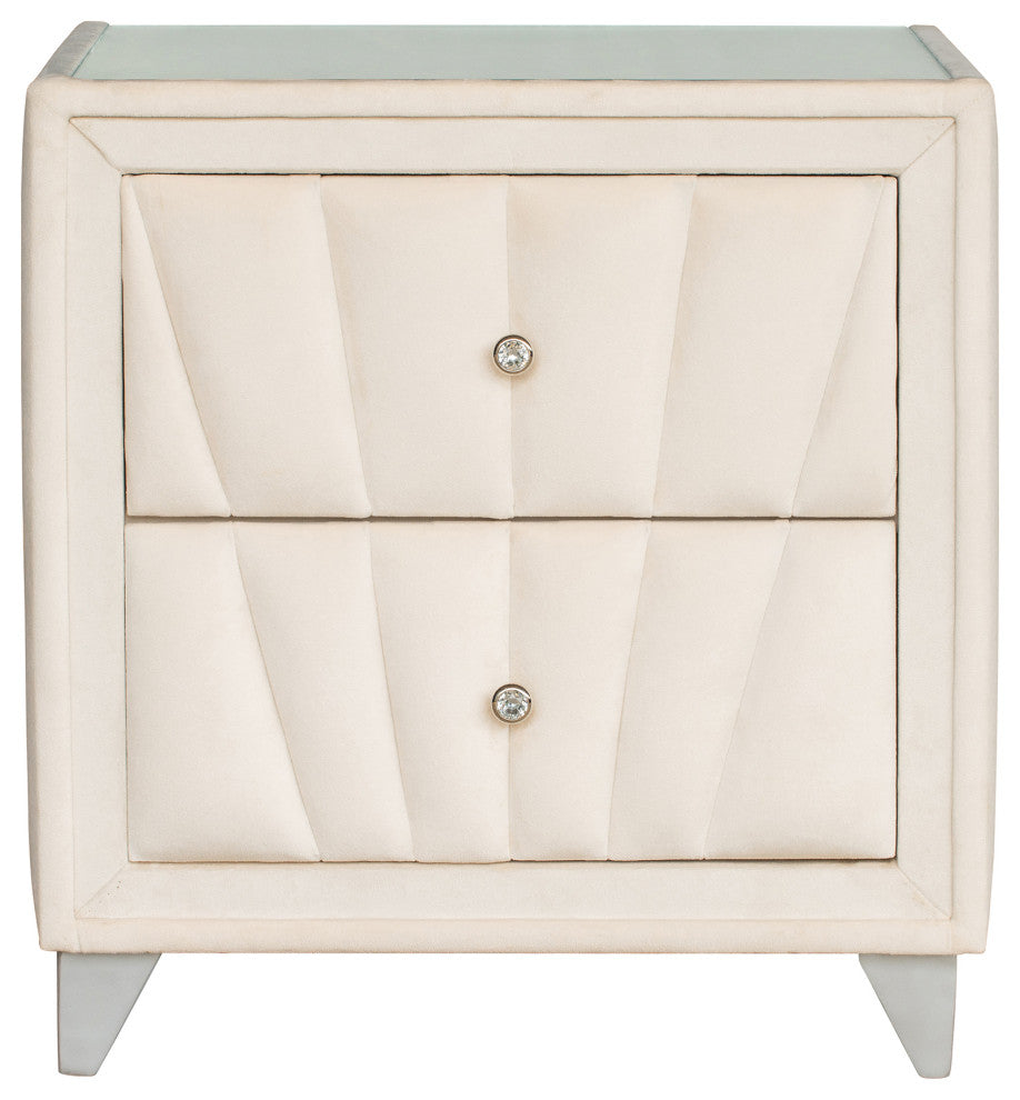 2-Drawer Wood Nightstand with Velvet Fabric and Glass Worktop, Beige