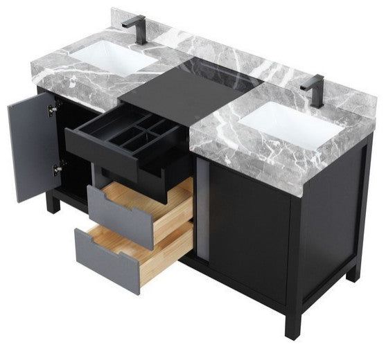 Zilara 60" Black and Grey Double Vanity, Balzani Gun Metal Faucet Set