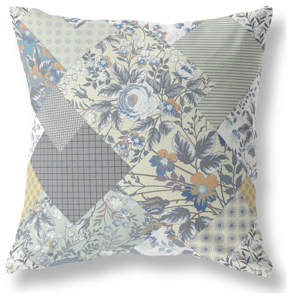20" Gray Cream Boho Floral Indoor Outdoor Throw Pillow