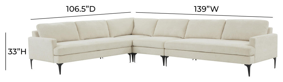 Serena Cream Velvet Large L-Sectional With Black Legs