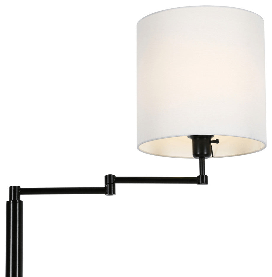 62" Black Swing Arm Floor Lamp With White Frosted Glass Drum Shade