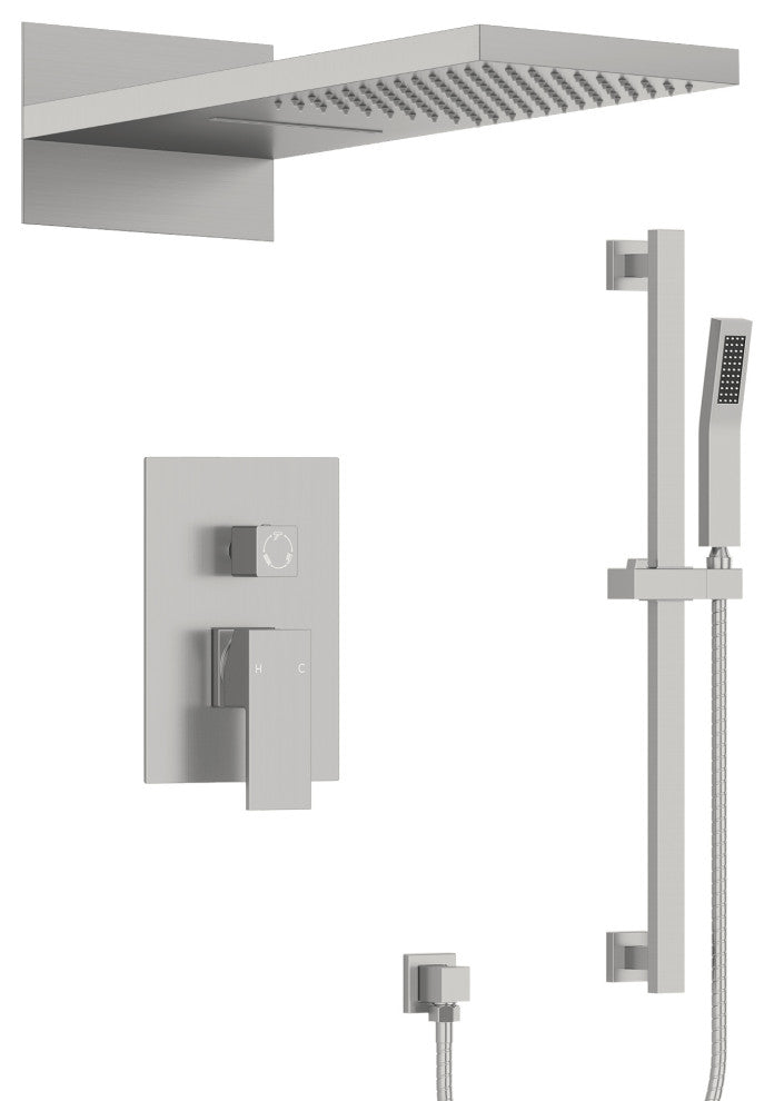 Dual-Function Waterfall & Rainfall Shower Faucet Set With Rough-In Valve, Brushed Nickel