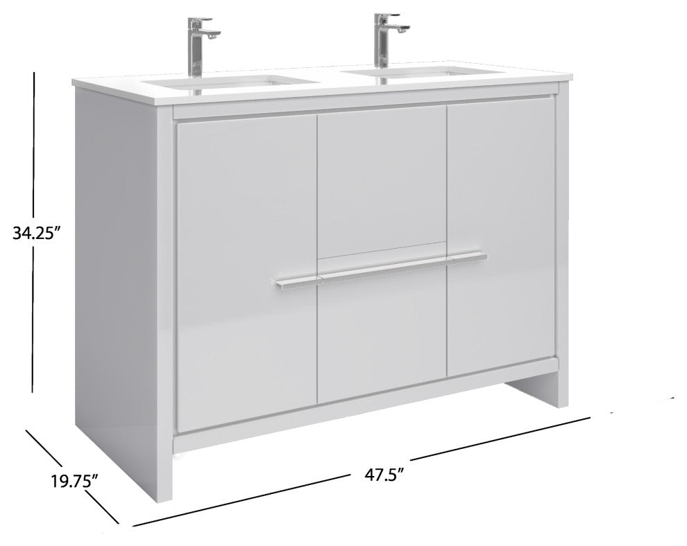 Esconde Bath Vanity, High Gloss White, 48", Double Sink, Freestanding