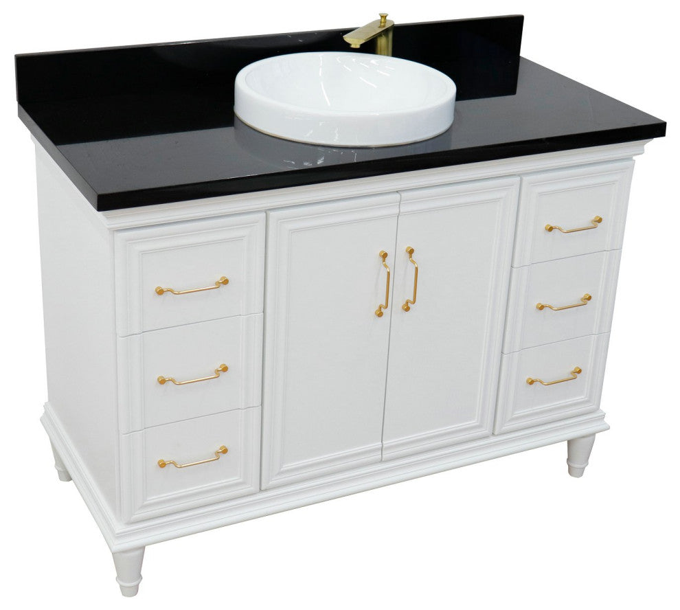 49" Single Sink Vanity, White Finish With Black Galaxy Granite and Round Sink