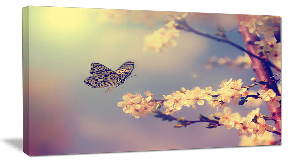 Vintage Butterfly with Flowers, Large Floral Canvas Art Print, 32"x16"